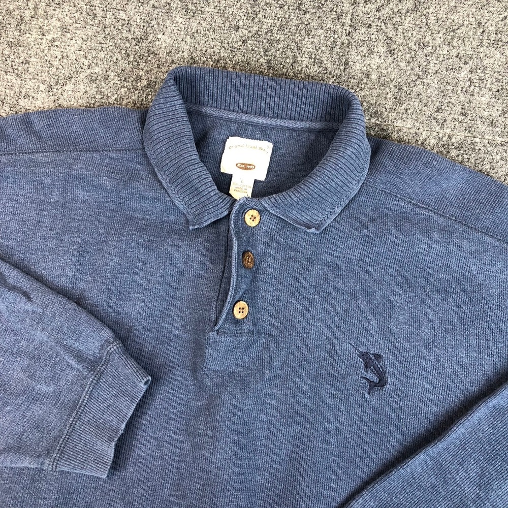 Original Island Sport Men Large Blue Cotton Long Sleeve Polo Sweater Marlin Logo